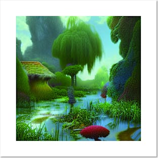 Digital Painting Scene Of a Lake Between Many Plants,  Scenery Nature Posters and Art